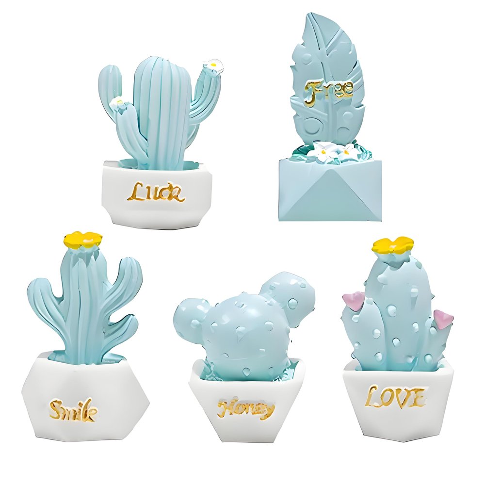 5Pcs Mini Resin Cactus Figurines  Cute Micro Landscape Ornaments for Garden, Living Room, Office, Automotive Interior Decoration, DIY Desktop Decor,Fun Collectible Home & Party DecorationLight Blue