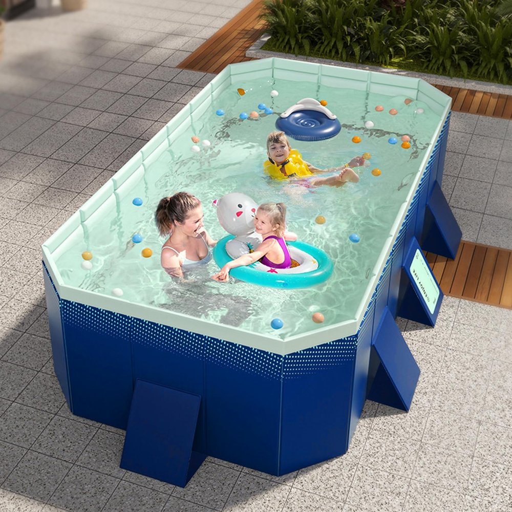 116" Foldable Swimming Pool, Hard Plastic Shell Rectangular Above Ground Swimming Pool for Family Kids Adults, Easy Setup for Outdoor, Backyard, Garden, Camping Blue 1 Set