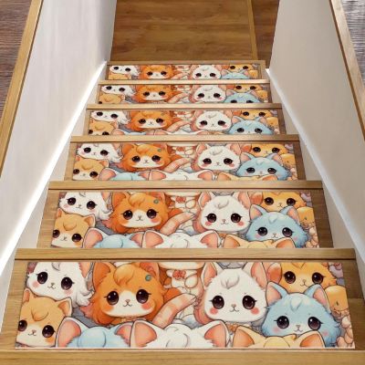 15 Packs Cute Cartoon Kitten-1549 Non-Slip Stair Treads for Wooden Steps Indoor, 30''X8'' Indoor Runner Resistant Stair Mat Staircase Steps Rugs for Children,Elders,Dogs