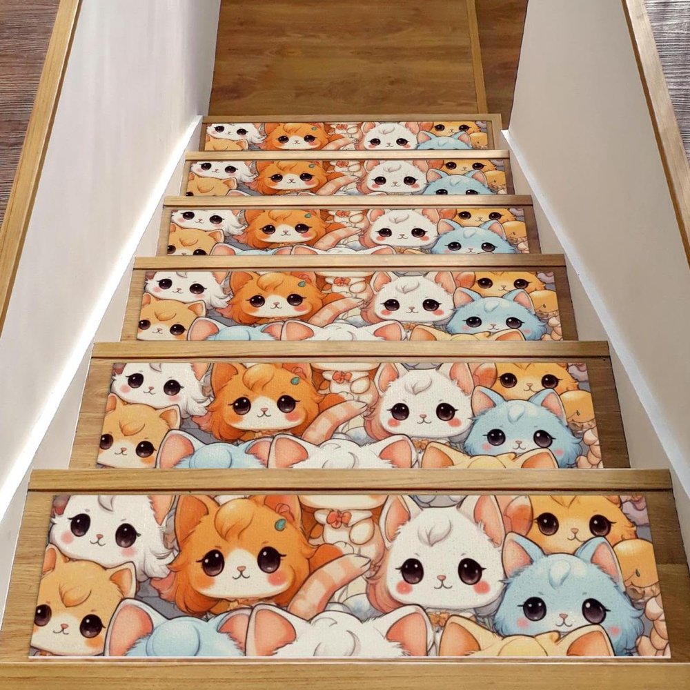 15 Packs Cute Cartoon Kitten-1549 Non-Slip Stair Treads for Wooden Steps Indoor, 30''X8'' Indoor Runner Resistant Stair Mat Staircase Steps Rugs for Children,Elders,Dogs