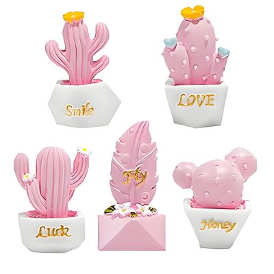 5 Pcs Mini Resin Cactus Figurines  Cute Micro Landscape Ornaments for Garden, Living Room, Office, Automotive Interior Decoration, DIY Desktop Decor, Fun Collectible Home & Party Decoration  Pink