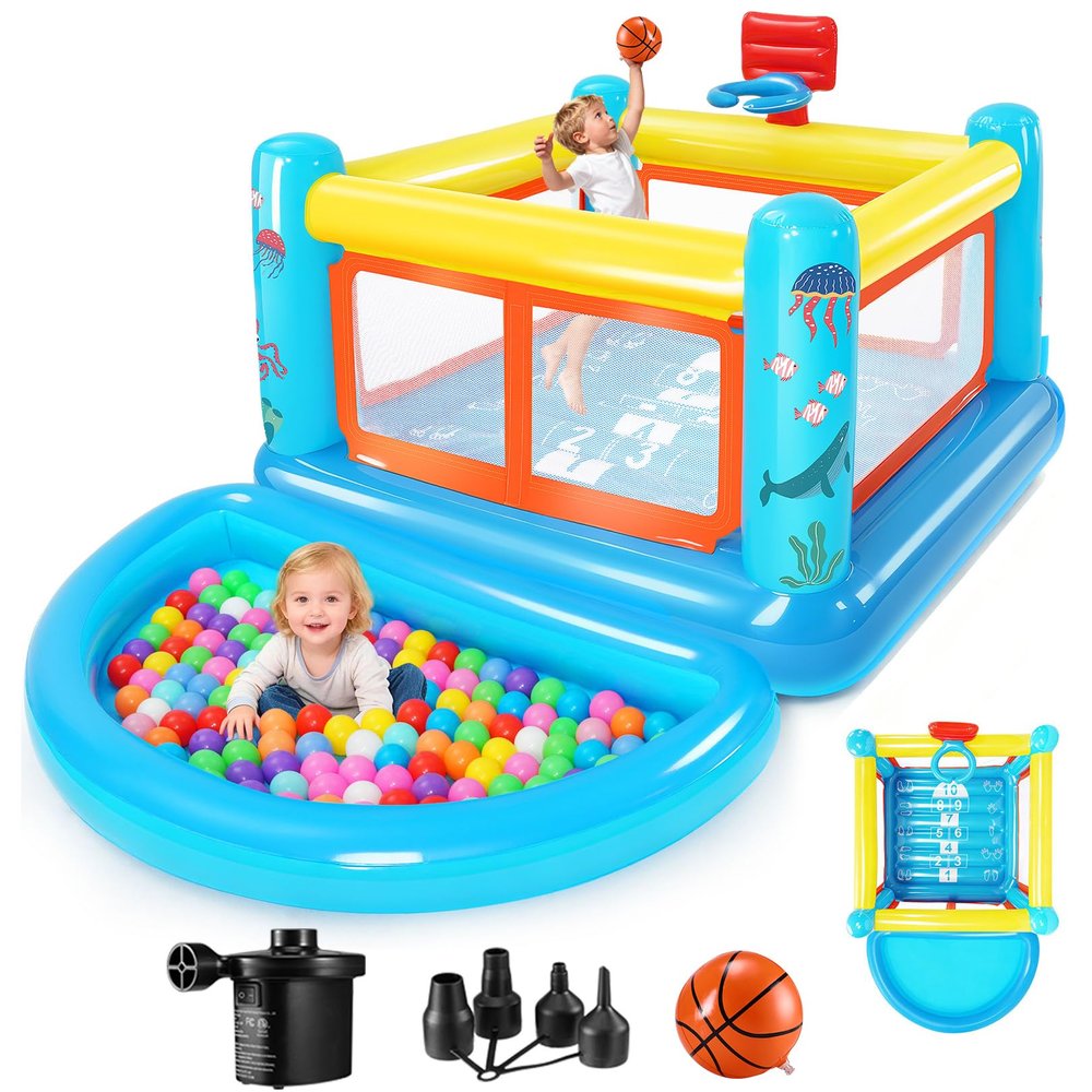 AKEYDIY Inflatable Bounce House, Small PVC Bounce House for Kids 3-6 Indoor&Outdoor Bouncy Castle with Removable Ball Pit, Basketball Hoop & Hopscotch Game, Air Pump Included