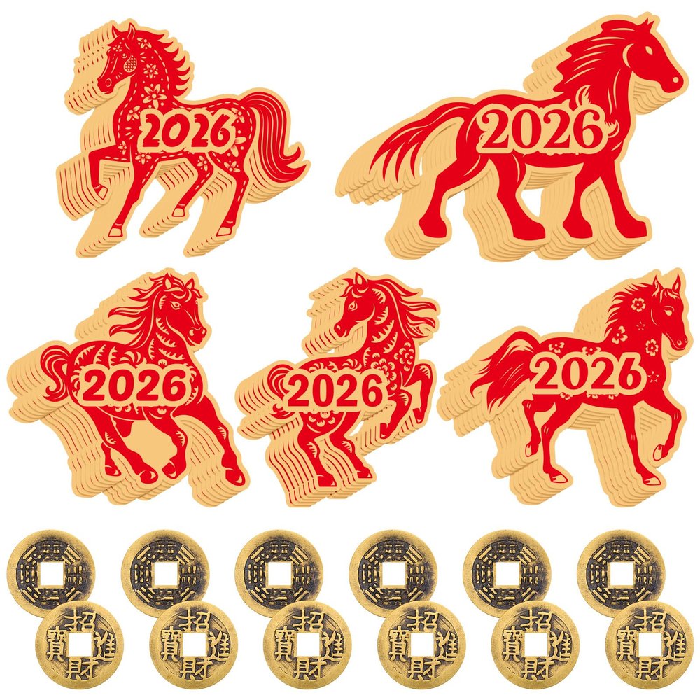 Gueevin 100 Pcs Year of The Horse 2026 Scratch Off Cards Chinese New Year Fortune Cards and 25 Pcs Chinese Coins Set Luck Gifts for Families Reunion Game Spring Festival Party Decorations(Lucky)