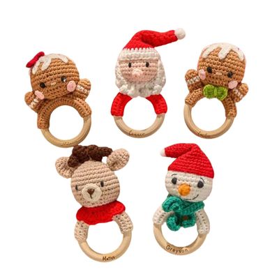 Personalized Baby Toy Rattle,Custom Christmas Crochet Rattle with Engraved Name,Wooden Crochet Animal Rattle,Christmas Gifts
