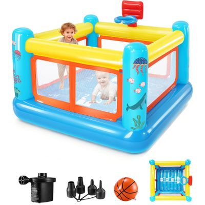 AKEYDIY Inflatable Bounce House, Small PVC Bounce House for Kids 3-6 Indoor&Outdoor Bouncy House with Basketball Hoop & Hopscotch Game, Air Pump Included