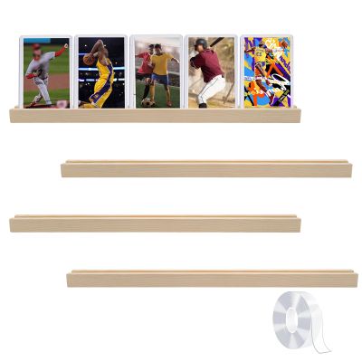 4 Pack Sports Card Display Stand for Wall, 15 x 1.2 x 0.7 Inch Wood Trading Card Rack with Nano Double-Sided Adhesive, Baseball Card Frame Display Toploader Card Holder for Home Shop