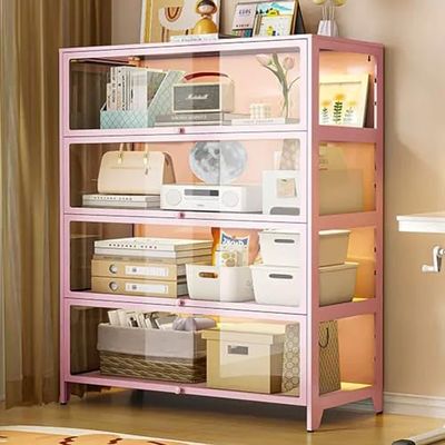 4-Tier Tempered Glass Display Case, Dustproof Showcase with Carbon Steel Frame, 3-Sided Transparent, Flip-Top Door, Ideal for Office & Retail Storage (Pink)