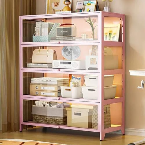 4-Tier Tempered Glass Display Case, Dustproof Showcase with Carbon Steel Frame, 3-Sided Transparent, Flip-Top Door, Ideal for Office & Retail Storage (Pink)