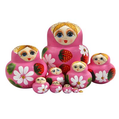 Winterworm Pink Girl Russian Nesting Dolls Set of 10 Wooden Big Belly Shape Girl with Strawberries and Flowers Handmade Matryoshka Doll Kids Toy Christmas Birthday Home Decoration Girls Gift