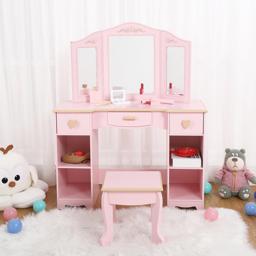 LALFPET Kids Vanity, Princess Makeup Vanity Storage Cabinet with Tri-Fold Mirror and Stool, Pretend Play Vanity Set with Open Storage for Little Girls, Pink Makeup Table for 4-9