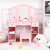 LALFPET Kids Vanity, Princess Makeup Vanity Storage Cabinet with Tri-Fold Mirror and Stool, Pretend Play Vanity Set with Open Storage for Little Girls, Pink Makeup Table for 4-9 view 3