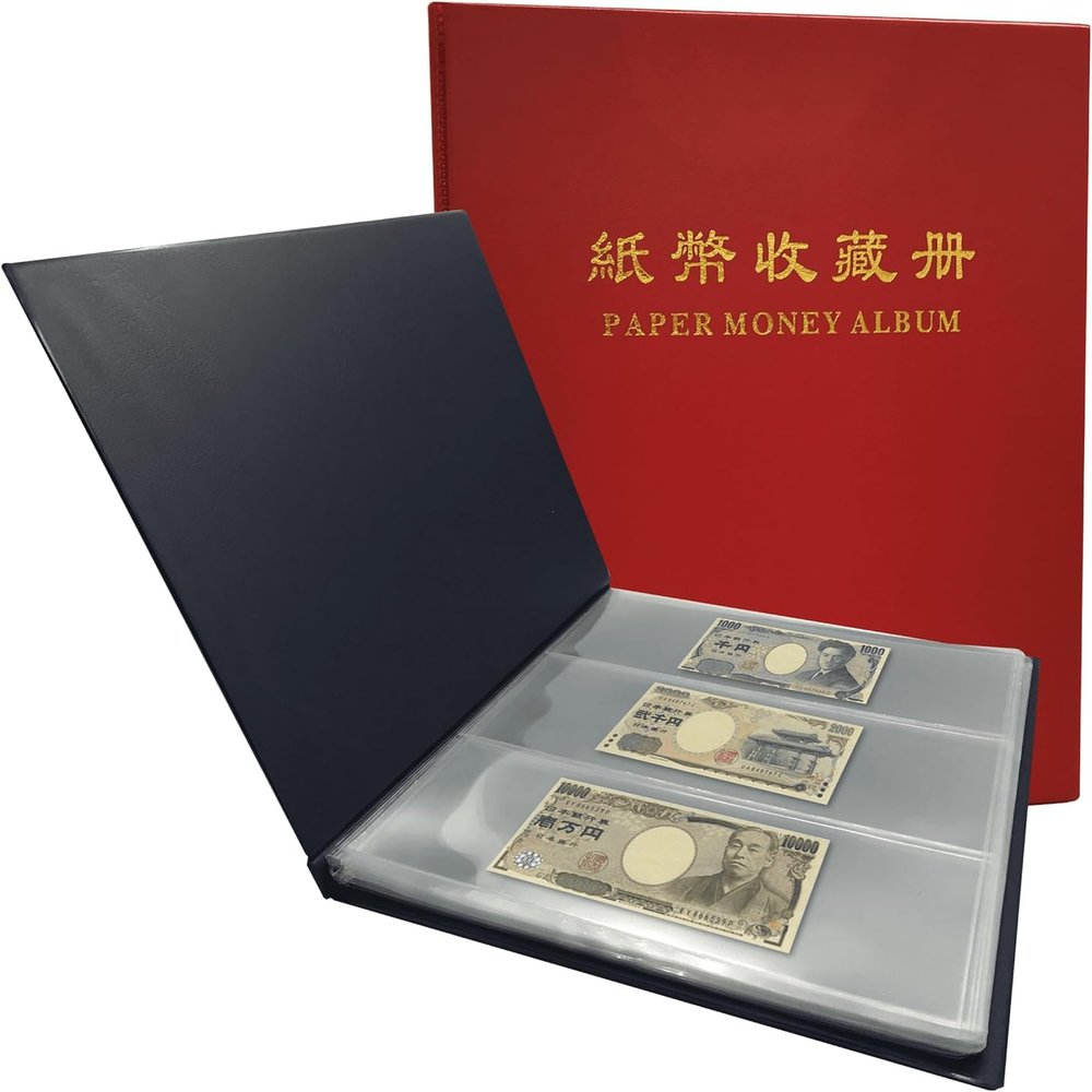 PCCB MINGT 3 Rows 60 Slots Multi-Colour Optional Paper Money Collection Album Banknote Display Storage Album with Transparent Background Sheets (Red)