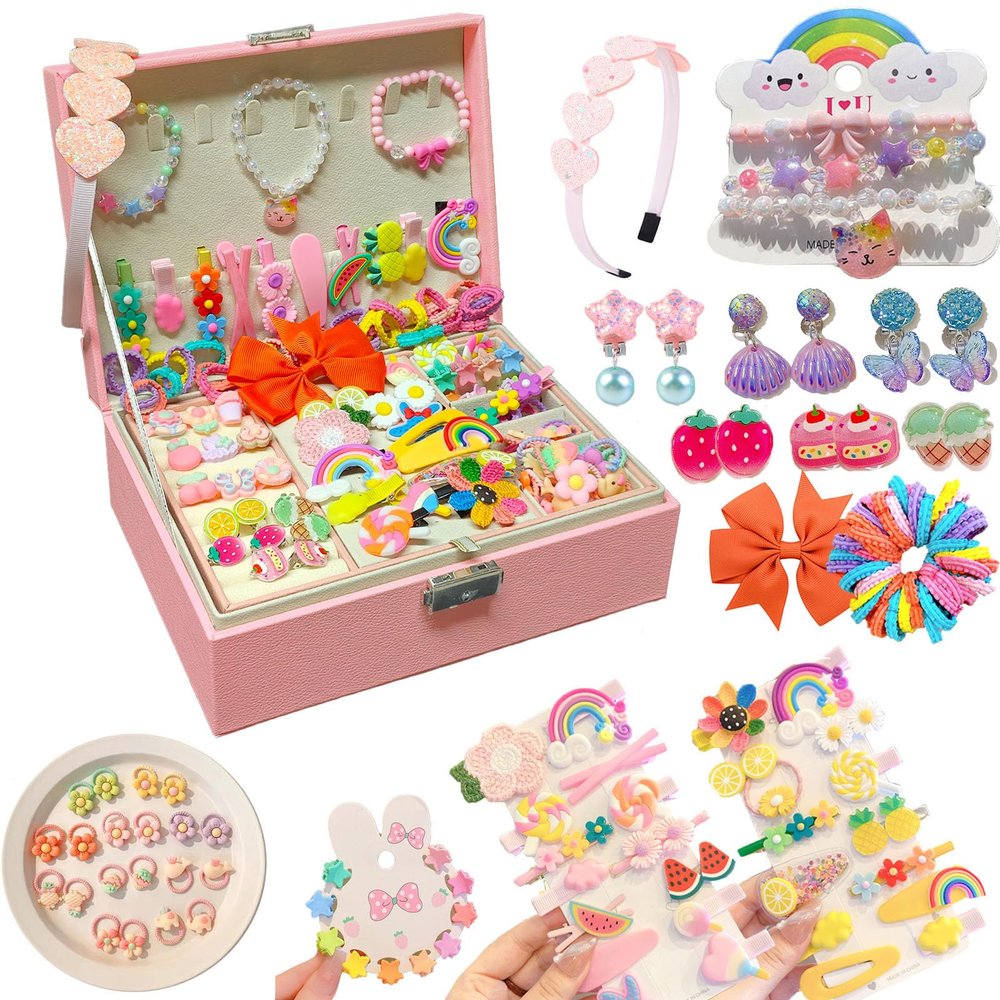 Jewelry Box with Hair Accessories for Girls, Hair Clips/Barrettes/Hair Ties/Bows/Toy Rings/Bracelets/Earrings/Hair Ropes/Hair Elastics, Gift Toys for Teen, Girls aged 4 5 6 7 8-12