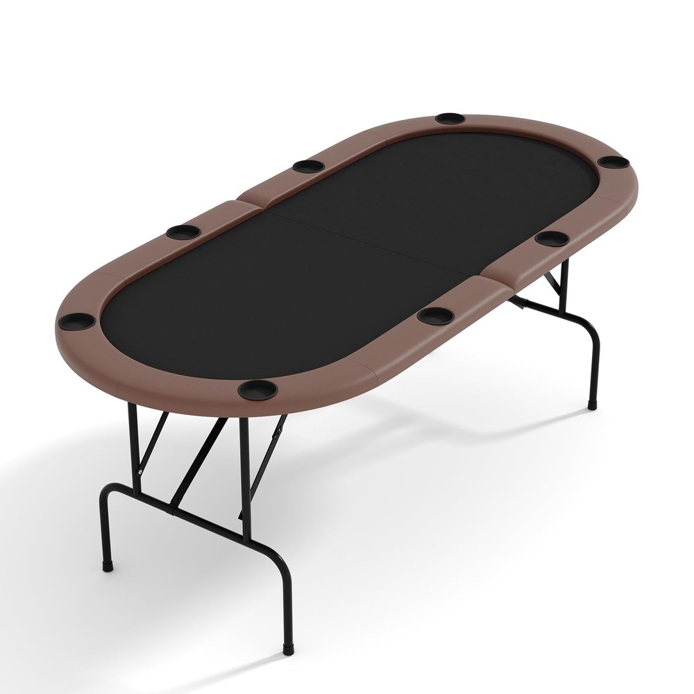 PeakPursuit 8 Oval Player Poker Table Foldable, 71" Folding Blackjack Texas Holdem Table, Portable Casino Leisure Card Board Game Table with Cup Holders for Game Room, Brown
