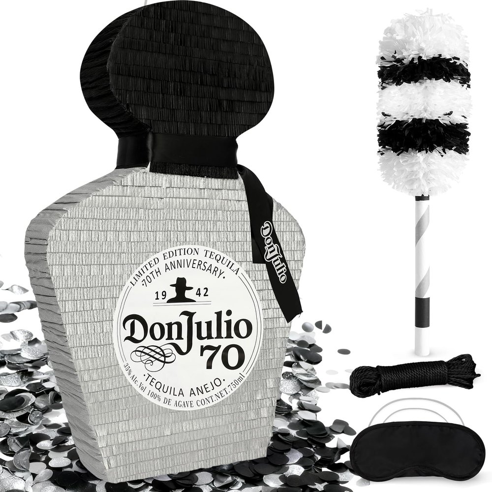 25" Tequila Bottle Piata with Bat Stick, Eye Mask, Rope - Perfect for Party Decorations, Photo Prop, Birthday, Funny Anniversary, 21 birthday - Fits candy/favors