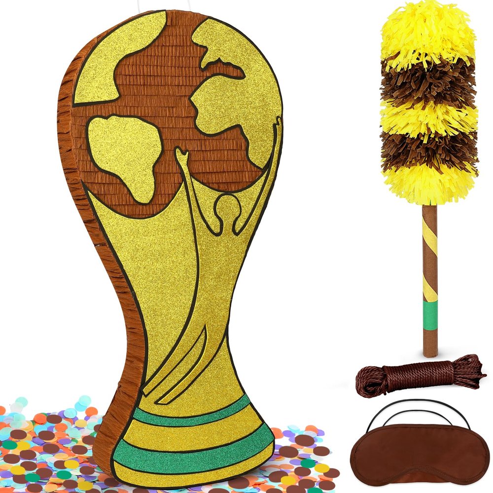 25" World Cup Trophy Piata for FIFA Sports, Soccer Ball Pinata Theme Birthday Party Decorations, Party Props with Buster Stick, Blindfold, Confetti Dot
