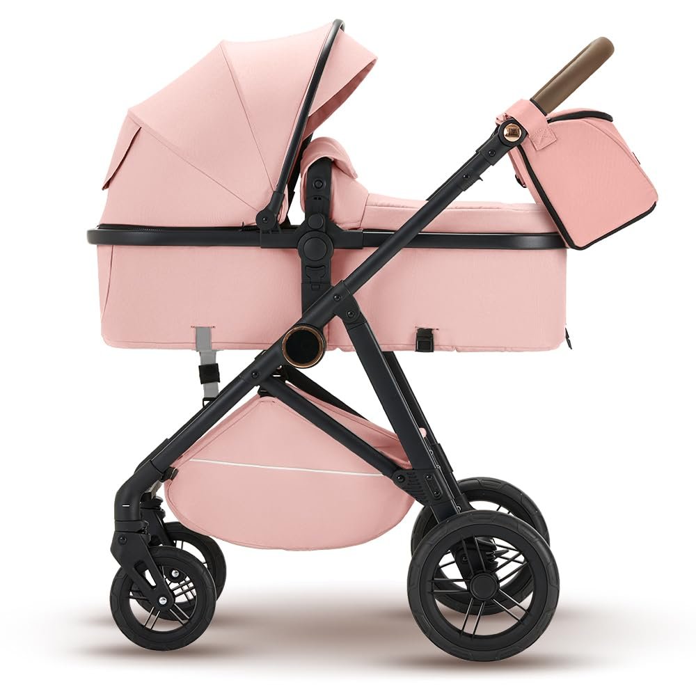 2 in 1 Baby Stroller, High Landscape Infant Stroller Pram Foldable Pushchair with Adjustable Canopy, Storage Basket, Suspension Wheels,5-Point Harness,Mom Bags (Pink)