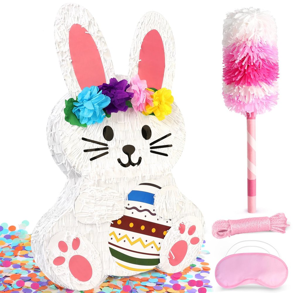 25" Large Easter Bunny Pinata for Kids Birthday Party - Cute White Rabbit Party Supplies with Matching Stick, Blindfold & Confetti - Sturdy Spring Theme Decor for Easter Egg Hunt & Baby Shower