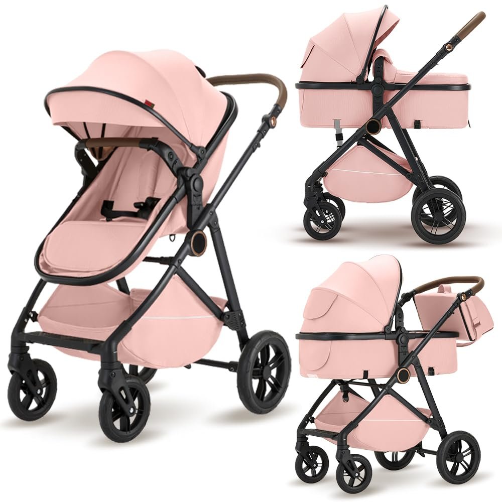 2 in 1 Baby Stroller, High Landscape Infant Stroller Pram Foldable Pushchair with Adjustable Canopy, Storage Basket,5-Point Harness,Mom Bags (Pink)