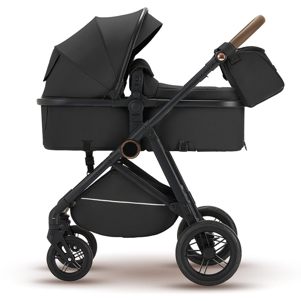 2 in 1 Baby Stroller, High Landscape Infant Stroller Pram Foldable Pushchair with Adjustable Canopy, Storage Basket, Suspension Wheels,5-Point Harness,Mom Bags (Black)