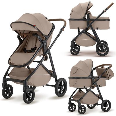 2 in 1 Baby Stroller, High Landscape Infant Stroller Pram Foldable Pushchair with Adjustable Canopy, Storage Basket,5-Point Harness,Mom Bags (Brown)