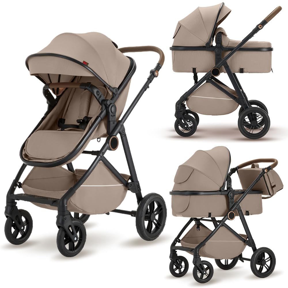 2 in 1 Baby Stroller, High Landscape Infant Stroller Pram Foldable Pushchair with Adjustable Canopy, Storage Basket,5-Point Harness,Mom Bags (Brown)