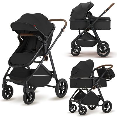 2 in 1 Baby Stroller, High Landscape Infant Stroller Pram Foldable Pushchair with Adjustable Canopy, Storage Basket,5-Point Harness,Mom Bags (Black)