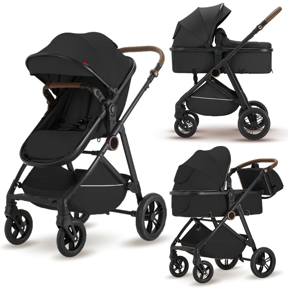 2 in 1 Baby Stroller, High Landscape Infant Stroller Pram Foldable Pushchair with Adjustable Canopy, Storage Basket,5-Point Harness,Mom Bags (Black)