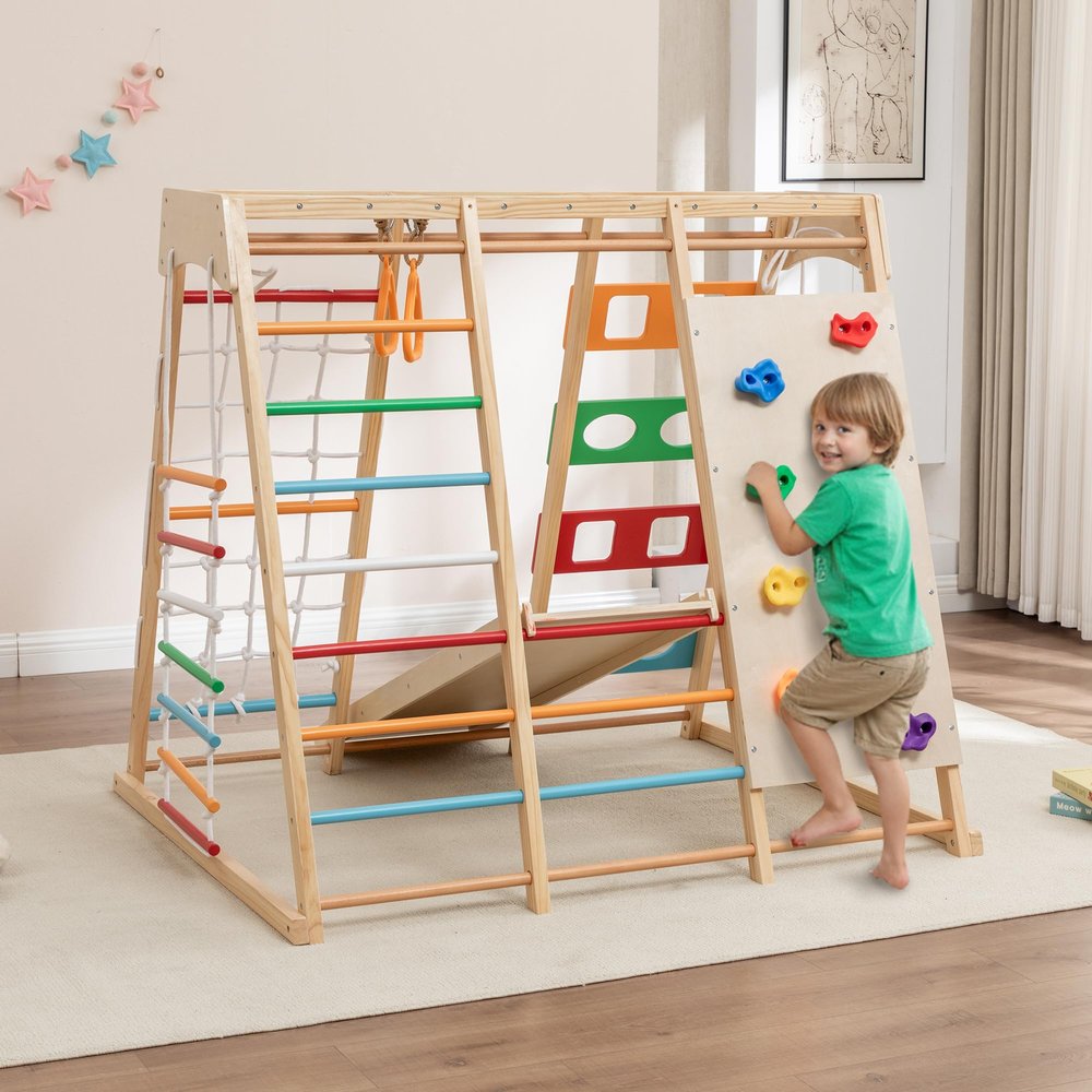 Indoor Climber-Play Structures 2-in-1 Wooden Gym Large Kids Play Gym Climbing Toys with with Swing, Slide with Preperation Zone, Climbing Rocks, Rope Wall, Ladders