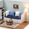 1/12 Scale Miniature Doll House Couch, Mini Sofa Day Bed for 6 Inch Dolls, High Simulation Upholstered Wooden Fabric Loveseat with Pillows, Modern Living Room Furniture, Realistic Model Decoration view 3