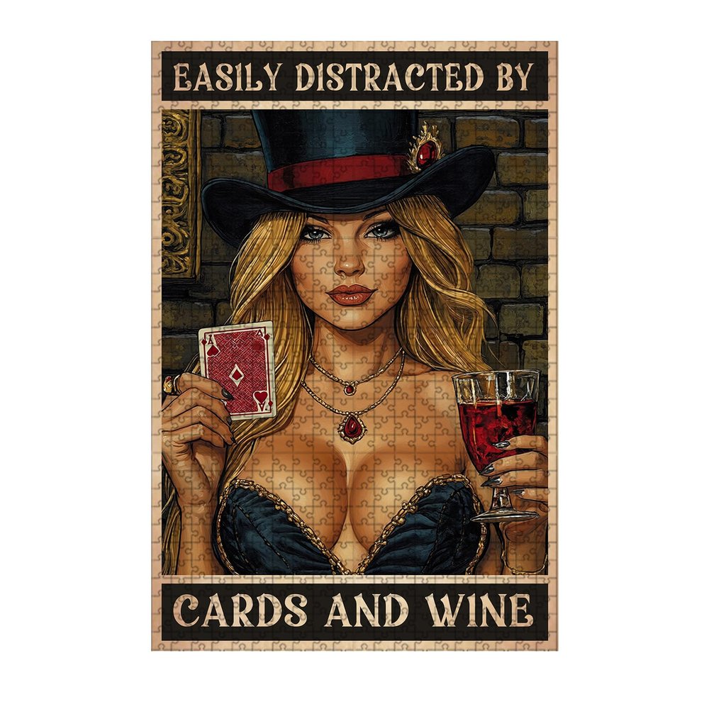 1000 Piece Family Wooden Puzzle Easily Distracted by Cards and Wine for Parents and Kids Fun Adults Kids Puzzle 29.5x19.7 Inch