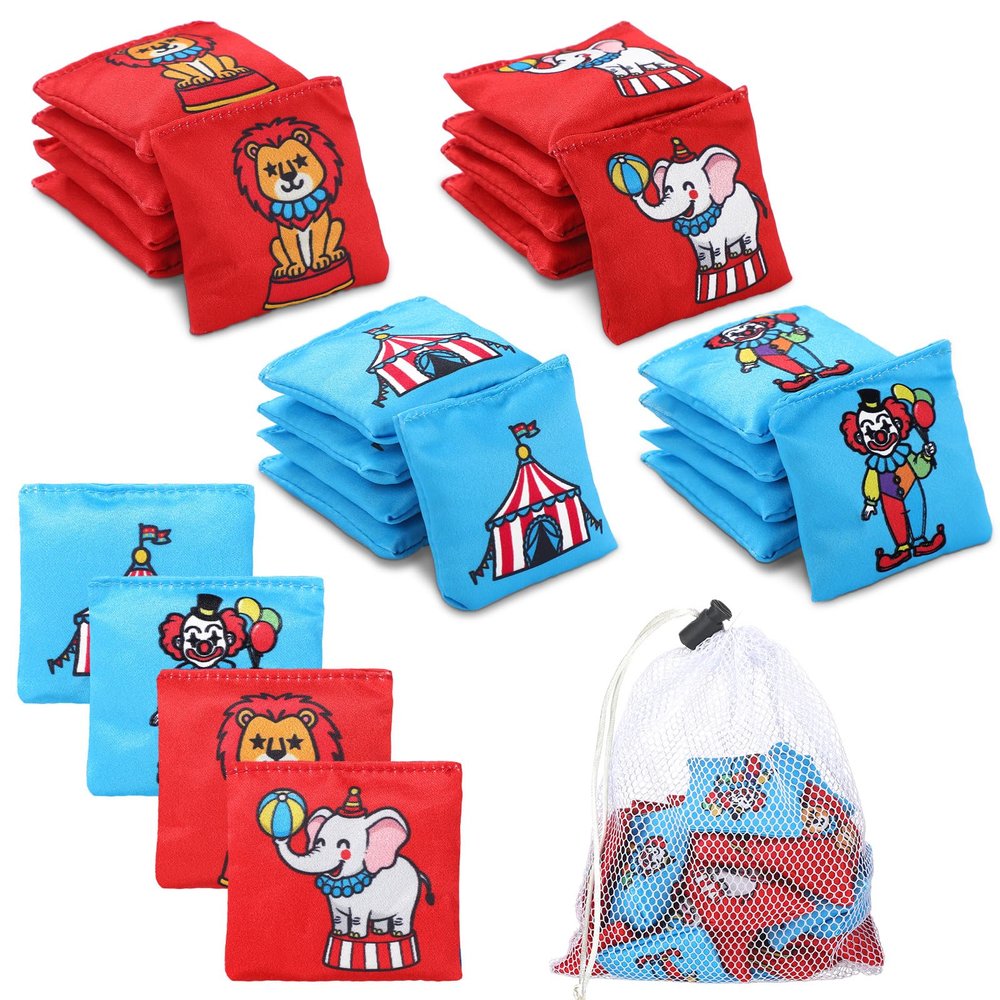 LaRandom 21 Pcs Carnival Cornhole Bean Bags with White Mesh Drawstring Bag 2 x 2 Inch Lion Clown Elephant Tent Blue Red Beanbags for Circus Toss Party Toy Throwing Games