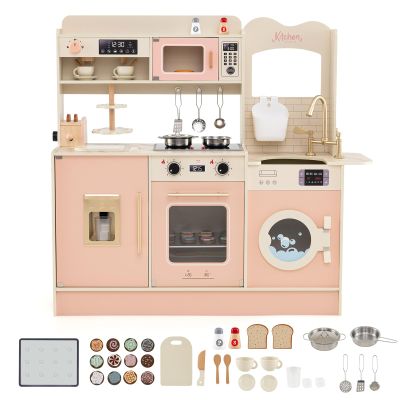 Costzon Kids Kitchen Playset, Toddler Wooden Pretend Playset w/Real Lights & Sounds, Faucet, Microwave Oven, Coffee Machine, Toaster & Ice Dispenser, Little Chef Play Kitchen for Kids Aged 3+ (Pink)