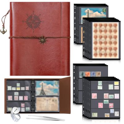 Lewtemi Stamp Collecting Albums Set 4 Ring Stamp Collection Book Include 20 Pages Album Binder Tweezer and Loop Magnifier Collecting Supplies for Collectors(Brown Pirate,1/2/3/4 Rows)