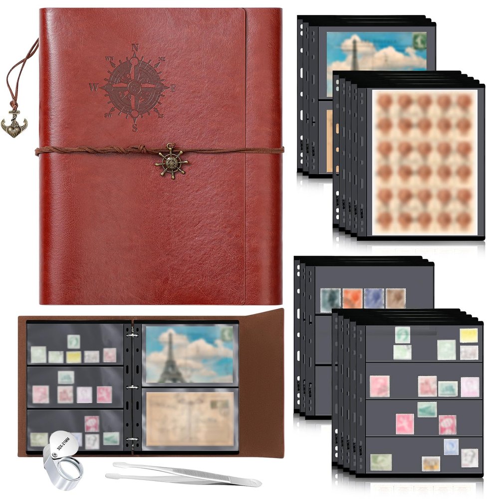 Lewtemi Stamp Collecting Albums Set 4 Ring Stamp Collection Book Include 20 Pages Album Binder Tweezer and Loop Magnifier Collecting Supplies for Collectors(Brown Pirate,1/2/3/4 Rows)