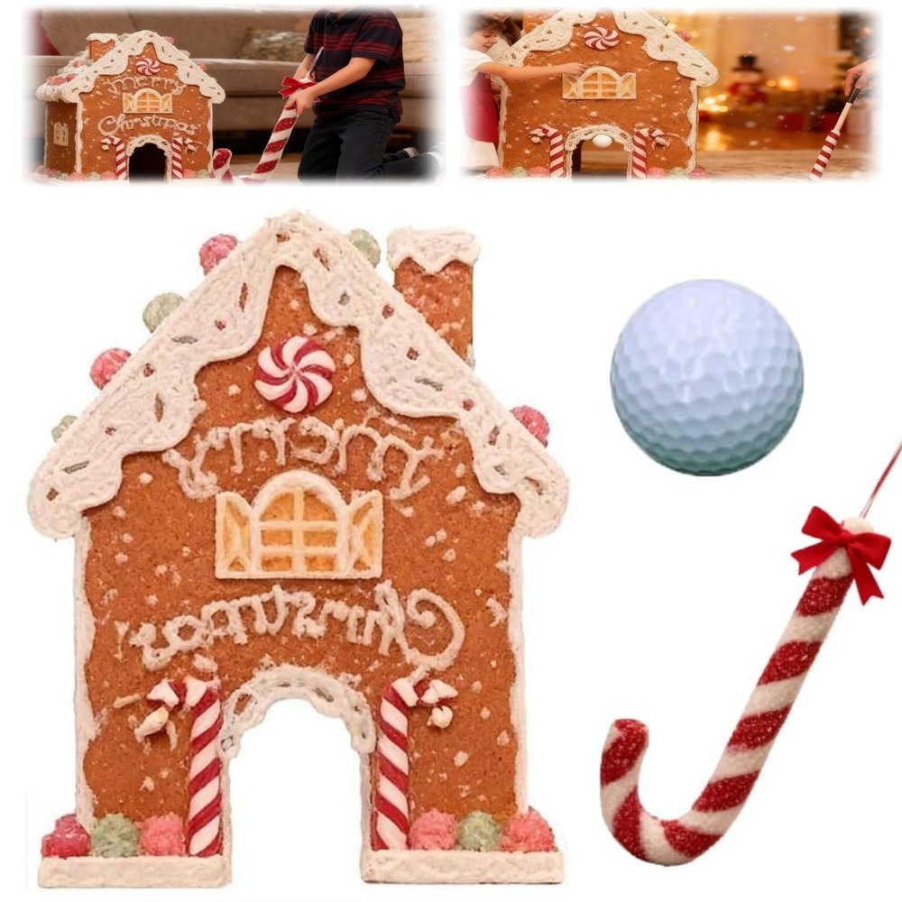 Best Christmas Game,Gingerbread Set, Mini-Course, Portable Mini Course Set Andy Stick Ball & Gingerbread House Goal,Party(1PC Ball)