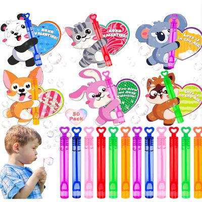 30 Pack Valentines Day Gifts for Kids School Mini Bubble Wands with Valentines Animals Valentines Cards for Kids Classroom, Valentines Day School Prize Party Favors Classroom Exchange Gift Set