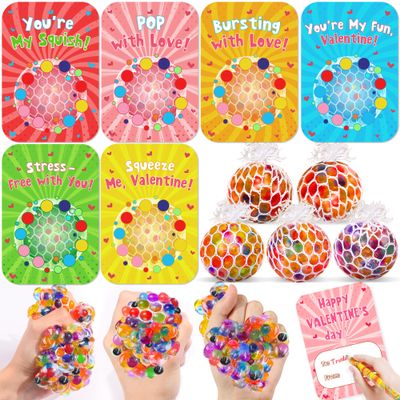 24 Pack Valentines Day Gifts for Kids Classroom Fidget Stress Balls with Valentines Cards Stress Relief Toys Squeeze Ball for Kids Boys Girls School Exchange Cards Gifts Valentines Party Favors Prizes