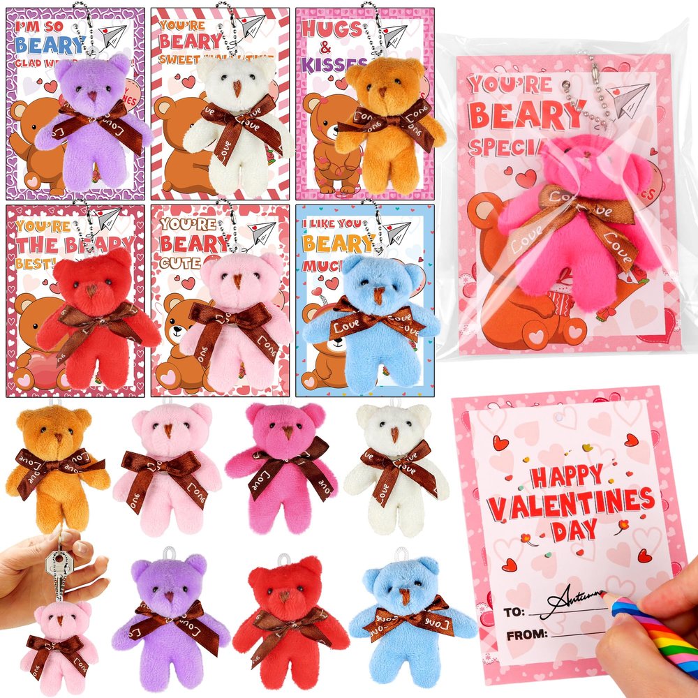 28 Pack Valentines Day Gifts for Kids Classroom Valentines Cards for Kids School Mini Bear Plush Toys Keychains Valentines for Boys Girls Class Valentines Exchange Cards Valentine Party Favors Prizes