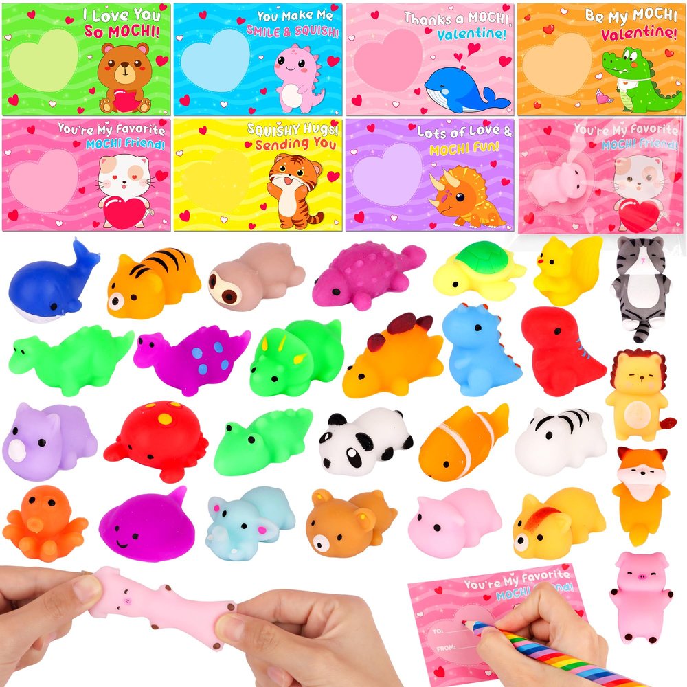 28 Pack Valentines Day Cards for Kids Classroom with Kawaii Mochi Squishies Fidget Toys Valentines Day Gifts for Kids School Valentines for Kids Class Exchange Greeting Cards Party Favors Boys Girls