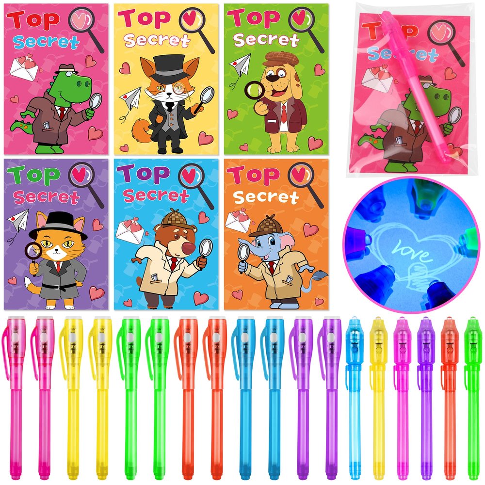 24 Pack Valentines Day Gifts for Kids Classroom Invisible Ink Pen with Valentines Cards, Valentines Party Favors for Kids School Spy Pen Magic Gifts Valentines Pens for Class Exchange Card Prizes