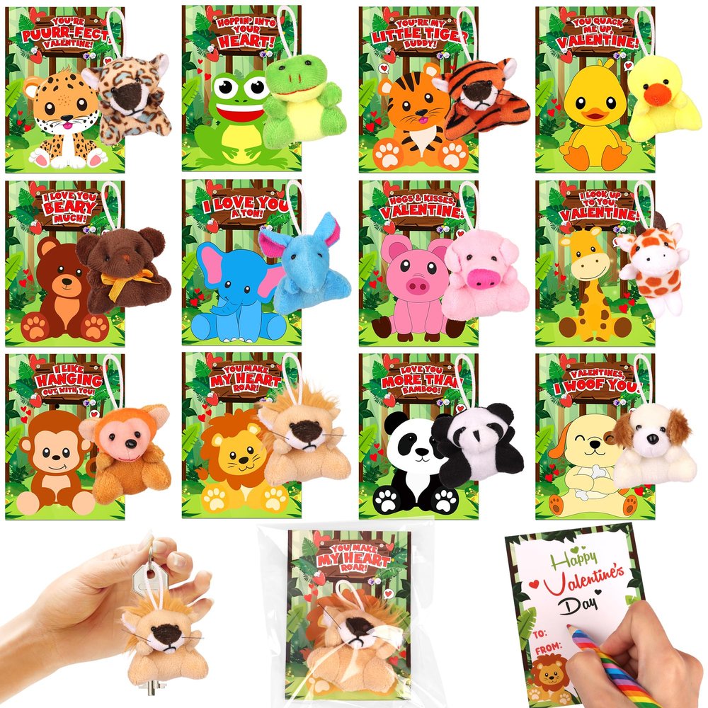 24 Pack Valentines Day Cards for Kids Classroom with Valentines Animals Plush Toys Valentines Day Gifts for Kids School Valentines for Class Exchange Cards Valentines Party Favors Prizes Girls Boys
