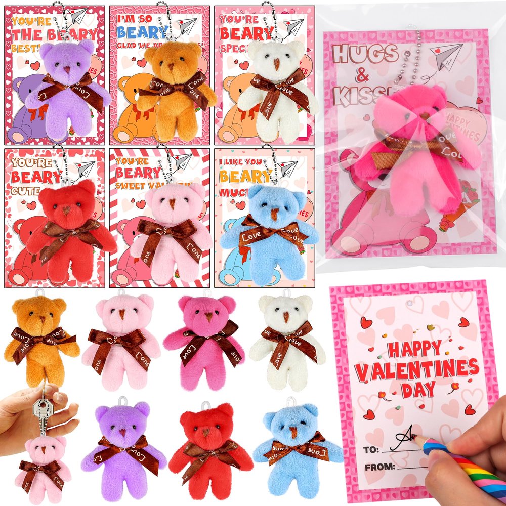 28 Pack Valentines Day Cards for Kids Classroom with Mini Bear Plush Toys Keychain Valentines Day Gifts for Kids School Valentines for Class Exchange Cards Valentines Party Favors Prizes Girls Boys