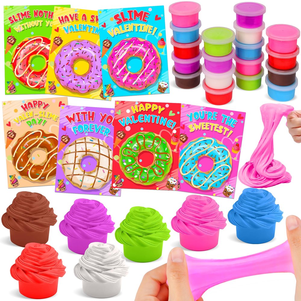 28 Pack Valentines Day Gifts for Kids Classroom Butter Slime Kit with Valentines Day Cards for Kids School, Valentines for Kids Class Exchange Cards Gifts Valentines Party Favors Boys Girls Toddlers
