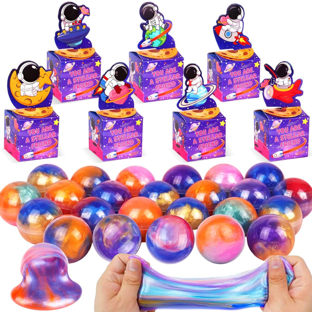 28 Pack Valentines Day Gifts for Kids Classroom Galaxy Slime Kit Valentines Cards Space Gift Boxes for Kids School, Valentines Day Slime Fidget Toys Exchange Cards Valentines Party Favors Boys Girls