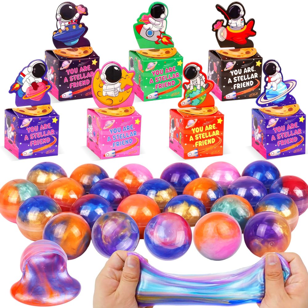 28 Pack Valentines Day Gifts for Kids Classroom Galaxy Slime Kit Valentines Cards Space Gift Boxes for Kids School, Valentines Day Slime Fidget Toys Exchange Cards Valentines Party Favors Boys Girls