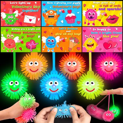 24 Pack Valentines Day Gifts for Kids Classroom LED Puffer Balls with Valentines Cards for Kids School Stress Relief Balls Light Up Toys Valentines for Boys Girls Class Exchange Prizes Party Favors