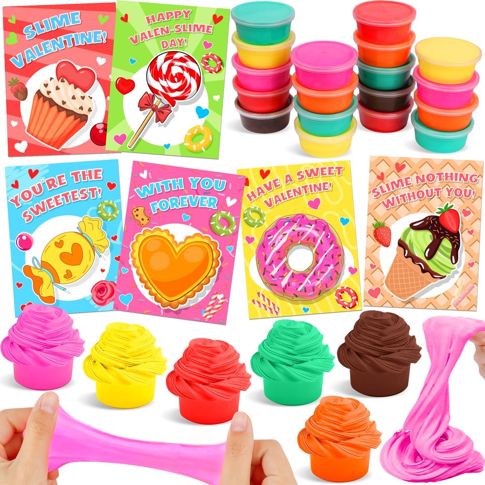 24 Pack Valentines Day Gifts for Kids Classroom Butter Slime Kit with Valentines Day Cards for Kids School, Valentines for Kids Class Exchange Cards Gifts Valentines Party Favors Boys Girls Toddlers