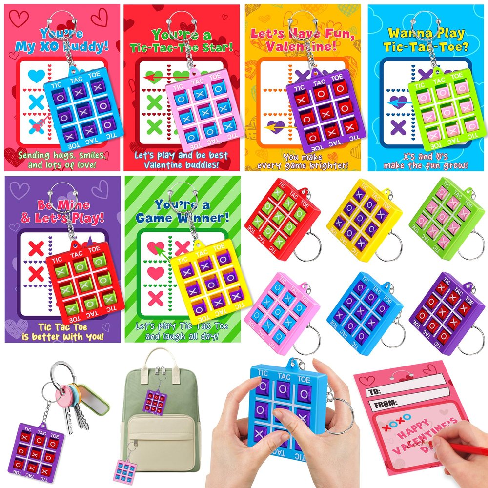 24 Pack Valentines Day Gifts for Kids Classroom Valentines Day Cards with Tic-Tac-Toe Game Keychains Valentines for Kids School Class Exchange Cards Valentines Party Favors Boys Girls Toddlers