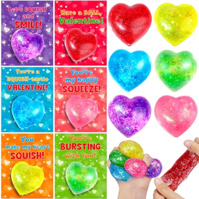 24 Pack Valentine Day Gifts for Kids Classroom Valentines Cards with Heart Fidget Stress Balls for Kids School Stretchy Ball Squeeze Toys Valentines for Class Exchange Gifts Party Favors Boys Girls
